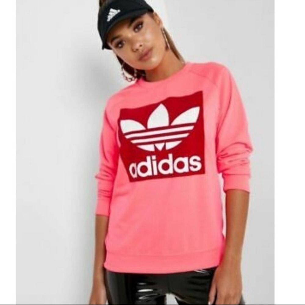 ADIDAS WOMENS TREFOIL CREW SWEATSHIRT FLARED sz S Neon And Red - Picture 7 of 16